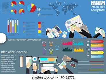 Business Technology Communication modern Idea and Concept Vector illustration Infographic template with icon,graph,computer,Laptop,phone,Tablet.