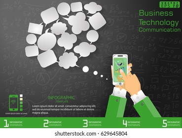 Business Technology  Communication - modern Idea and Concept  Vector Infographic template with Cellphone, icon,cog,Background Calculate numbers,Speech bubbles.