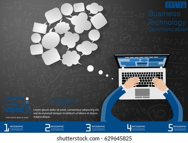 Business Technology  Communication - modern Idea and Concept Vector Infographic template with Laptop, icon,cog,Background Calculate numbers,Speech bubbles.