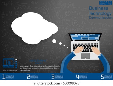 Business Technology  Communication - modern Idea and Concept Vector Infographic template with Laptop, icon,Background Calculate numbers,Speech bubbles.