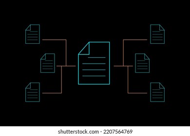 Business and technology concept. Blue paper or document sharing on black background. Transfer and synchronize data.  