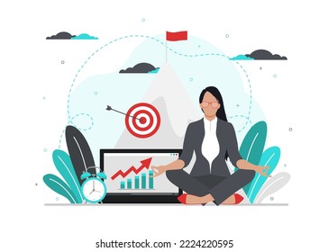 Business technology concept. A businesswoman works in an office. Self discipline and time managment, goals, strategy, development, motivation concept. Vector illustration isolated on white background