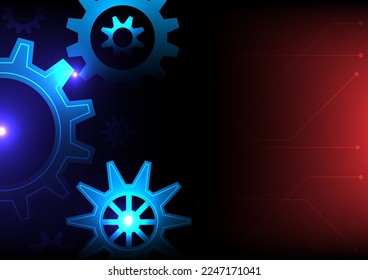 Concepto de negocio y tecnología. Perros y mecanismos de rueda de engranajes sobre fondo azul y rojo. Tecnología digital de alta tecnología e ingeniería. 