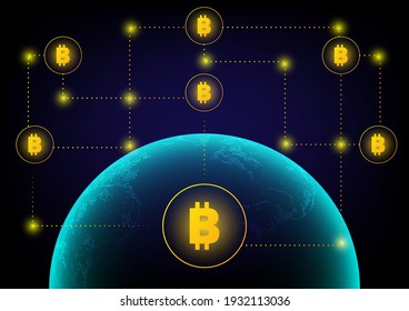 Business and technology concept. Gold cryptocurrency coin and blockchain technology with transparency globe on black background. Big data information exchanges digital currency and online payment.