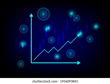Business and technology concept. Line graph and candlestick with cryptocurrency coin and blockchain technology on black background. Bullish market.