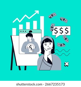 Concepto de tecnología empresarial para el Diseño web moderno. Personas: intercambiar ideas, analizar proyectos, mejorar estrategias, establecer y alcanzar objetivos, ganar dinero, tener éxito. Ilustración vectorial.