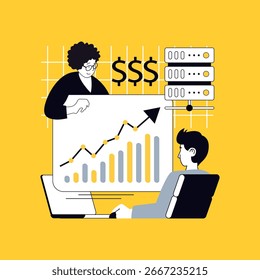 Concepto de tecnología empresarial para el Diseño web moderno. Personas que analizan datos y estadísticas financieras, colaboran en reuniones, planifican inversiones, ganan dinero en el trabajo en equipo. Ilustración vectorial.