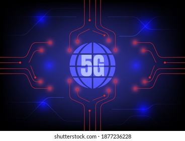 Business and technology concept. World and 5G with red line networks and high-speed internet for communication. 