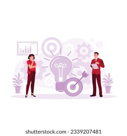 conceptos de negocios y tecnología. Los comerciantes comerciales de Marketer apuntan al cliente en un blanco de toros. Los empresarios eligen Misión. Ilustración plana vectorial moderna de tendencia