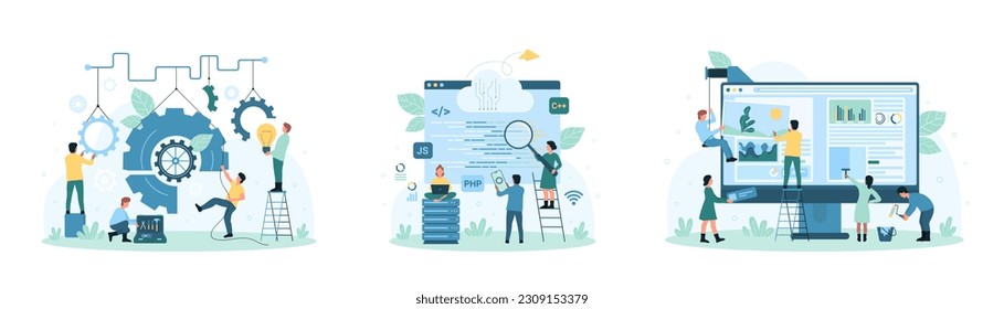 Business technology and design development set vector illustration. Cartoon tiny people work with content on computer screen and gears, coders research programming language with magnifying glass
