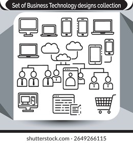 Business Technology Designs Coleção Representando Gadgets Modernos, Rede, Armazenamento de Dados, Recursos Humanos, Desenvolvimento de Sites e Compras On-line