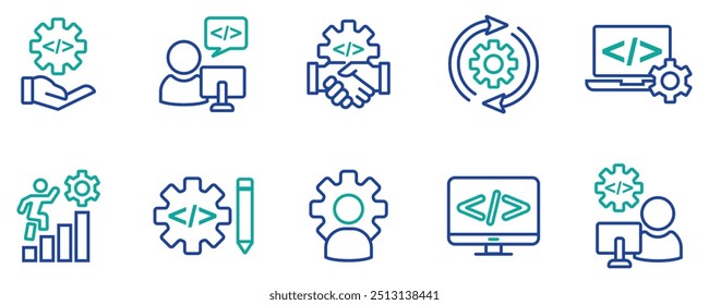 desenvolvimento de tecnologia de negócios website codificação ícone da engrenagem set empresa construir personalizado configuração software programação dev melhoria esboço estilo símbolo vetor ilustração. vetor de ações. eps 10.