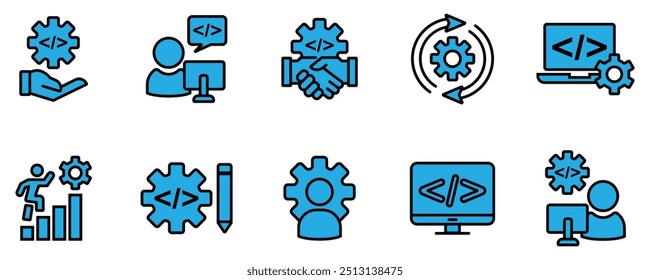 business technology development website coding gear icon set company build custom setting software programming dev improvement outline style symbol vector illustration. stock vector. eps 10.