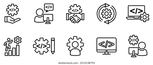 Desarrollo de tecnología empresarial Sitio web Codificación Conjunto de iconos de engranajes Construcción de la compañía Configuración personalizada Programación de software Desarrollo Mejora Esquema Estilo Ilustración vectorial de símbolos. Vector de acciones. EPS 10.