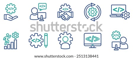 business technology development website coding gear icon set company build custom setting software programming dev improvement outline style symbol vector illustration. stock vector. eps 10.
