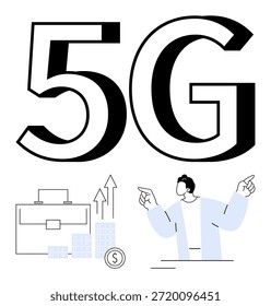 Business technology, digital infrastructure, economic growth, communication innovation, network speed, data management. Large 5G text, briefcase graphs coins person pointing. Business technology
