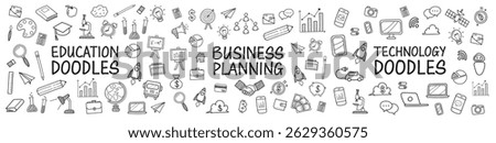 Business Technology and Education doodles hand drawn icons. Vector illustration
