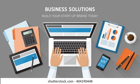 Business, technology and freelancing concept, office desktop with laptop, tablet, files and businessman's hands typing, top view