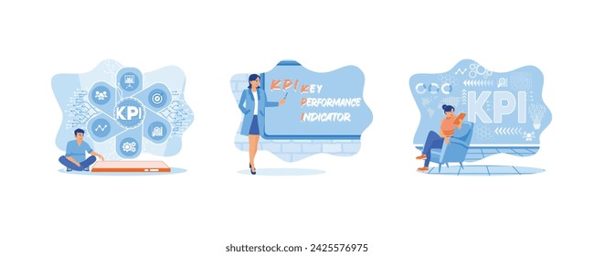 Business and technology. Hand with marker writing KPI. KPI with young woman holding a tablet computer in a chair. Set flat vector modern illustration 