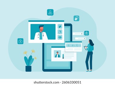 business technology Healthcare app consultancy and telemedicine design. with Woman consults doctor online concept