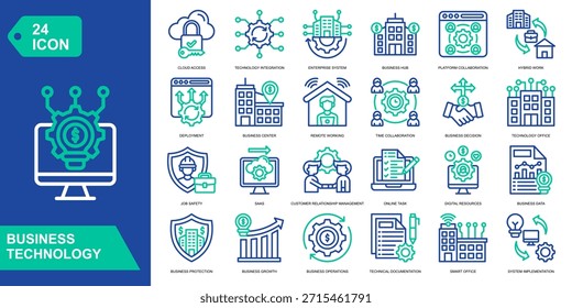Conjunto de colección de icono de Tecnología de negocios. Resiliencia empresarial, recuperación de desastres, contingencia, evaluación de riesgos. Iconos de vector de color de línea.