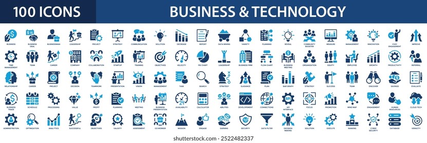 Conjunto de ícones de negócios e tecnologia. Seo de gerenciamento da organização, análise de dados, marketing, tecnologia de nuvem.