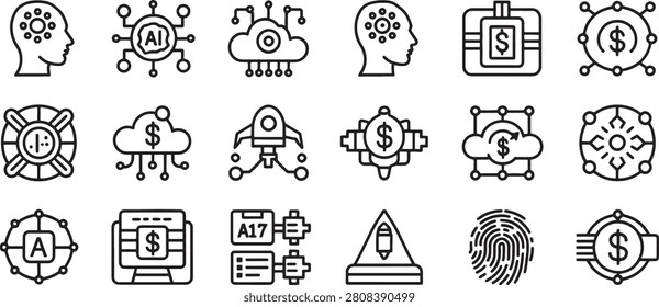 Business Technology Icons Set with Ai, Blockchain, Money Symbols, Data Security, and Blockchain-Style Circuits in Line Art