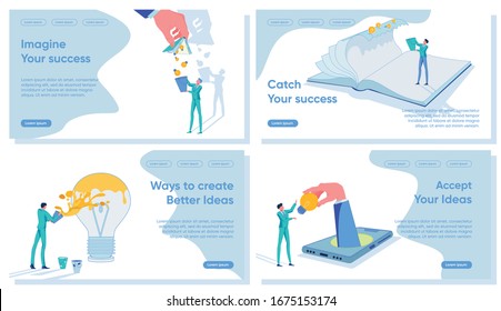 Business Technology and Ideas Set with People, Businessmen and Businesswomen Cartoon Characters. Creative Thinking Application and Investment in Market Research Attraction. Flat Vector Illustration.