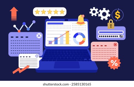 Business and technology illustration depicting a signed contract generating money and coins falling against a blue background