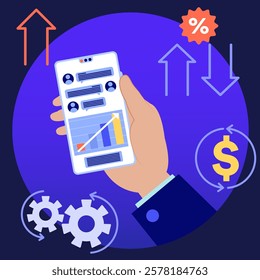 Business and technology illustration showing a businessman using a mobile phone app for analyzing financial charts, data, and business performance