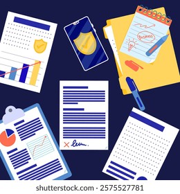 Business and technology illustration showing documents, smartphone, folder and stationery representing data analysis, cybersecurity and business administration