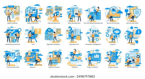 Business and Technology illustrations. Collection of scenes with men and women taking part in business activities. Concept illustration set.