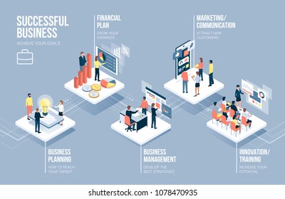 Business and technology infographic with corporate people working together on app buttons and business concepts