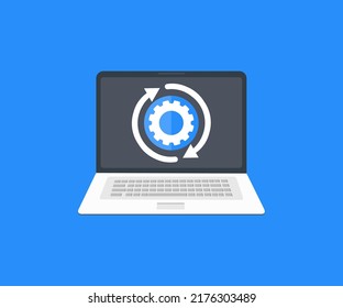 Business, Technology, Internet and network concept logo design. Laptop installing change or hardware customization executing maintenance, repairing gear on screen vector design and illustration.