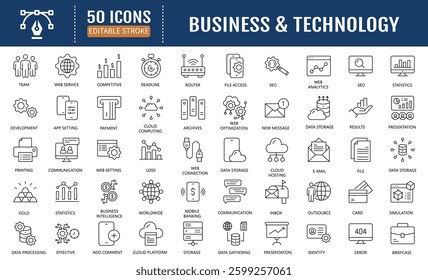 Business and technology line editable icon set. Containing
as teamwork, strategy, planning, marketing, cloud
technology, data analysis, employee, and more. Vector
Illustration