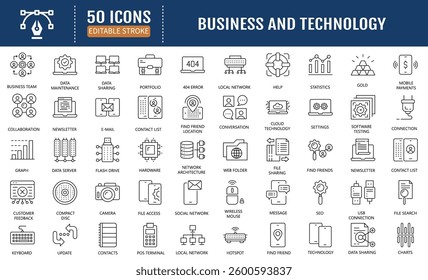 Business and technology line editable icon set. Containing as teamwork, strategy, planning, marketing, cloud technology, data analysis, employee, and more. Vector Illustration