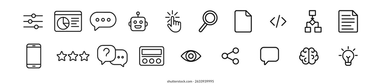 Negocio, conjunto de iconos de línea de tecnología - planos, símbolos modernos para la comunicación, análisis