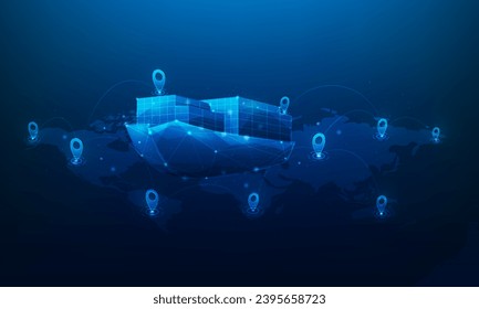 business technology logistics ship cargo container location point on map blue background. transportation shipping import export international global. vector illustration digital technology low poly.