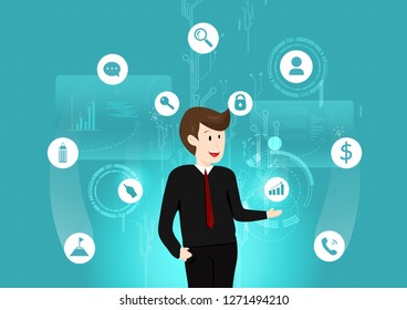 Business technology, man working digital futuristic, data, investment, sign and symbol information background vector illustration