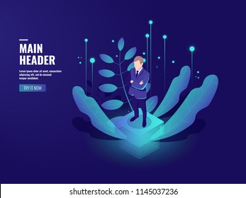 Business technology, online banking icon, cryptocurrency, businessman stay on platform, server room, future office, server room, isometric people illustration vector neon dark