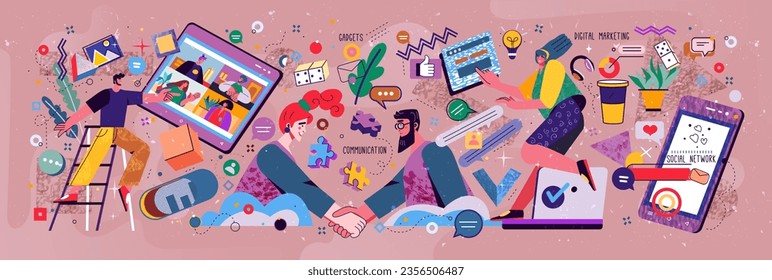 Business technology. People characters. Finance and digital marketing. Colleagues communication and negotiation. Video conference. Man and woman handshaking. Vector flat exact concept