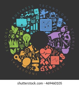 Business, technology and science icons infographics pie chart on dark background. Vector illustration.