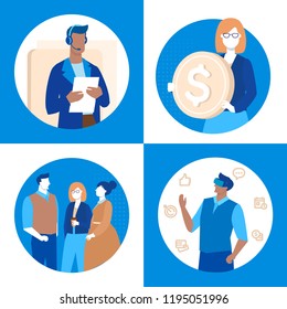 Business and technology - set of flat design style illustrations. Woman holding a coin, man in VR headset, colleagues, call center operator. Virtual reality, teamwork, technical support concepts