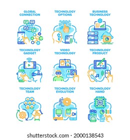 Business Technology Set Icons Vector Illustrations. Technology Evolution And Product, Global Connection And Video, Technological Robotic Hand And Innovative Gadget Color Illustrations