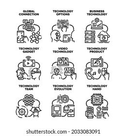 Business Technology Set Icons Vector Illustrations. Technology Evolution And Product, Global Connection And Video, Technological Robotic Hand And Innovative Gadget Black Illustration