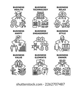 Business Technology Set Icons Vector Illustrations. Business Technology And Elements, Happy Owner And Style, Health And Relax, Value And Engagement. Businessman Occupation Black Illustration