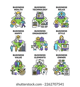 Business Technology Set Icons Vector Illustrations. Business Technology And Elements, Happy Owner And Style, Health And Relax, Value And Engagement. Businessman Occupation Color Illustrations