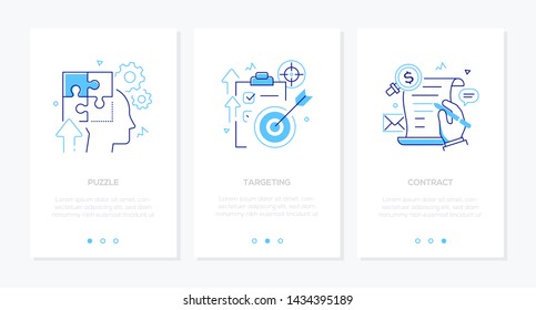 Business And Technology - Set Of Line Design Style Vertical Web Banners With Copy Space For Text. Images Of A Head, Clipboard With Check List, Arrow, Document. Puzzle, Targeting, Contract Concepts