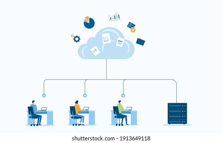 business technology storage cloud computing service concept with administrator and developer team working on cloud. business people working online connecting with cloud from anywhere concept. Flat vec