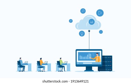 business technology storage cloud computing service concept with administrator and developer team working on cloud. business people working online connecting with cloud from anywhere concept. Flat vec